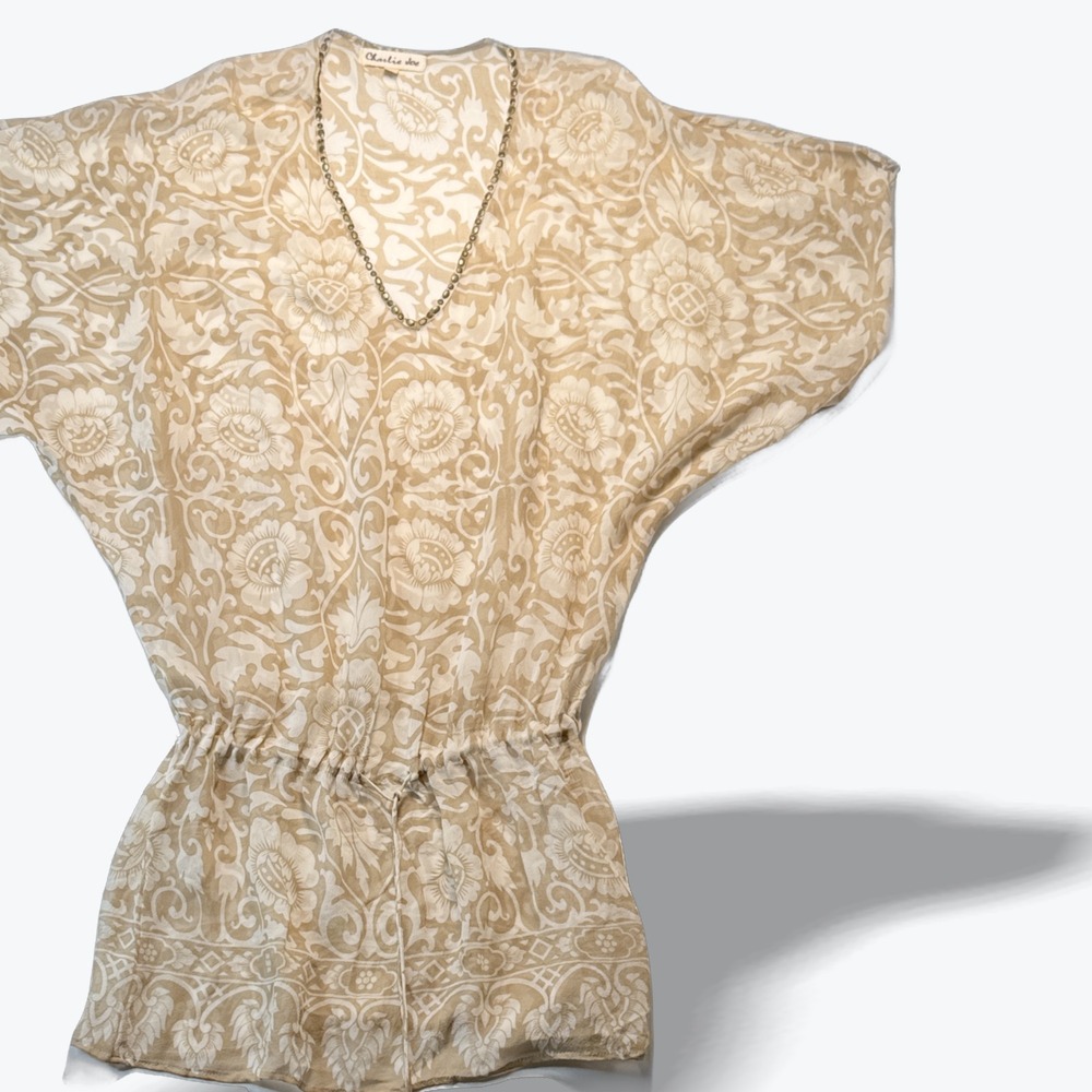 Charlie Joe Tunic Top Drawstring Waist Tan Floral Damask Silk Women Medium